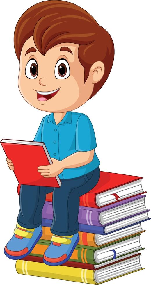 Cartoon little boy sitting and holding a book on a pile of books vector