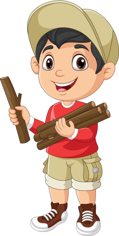 Cartoon boy scout carrying firewood vector