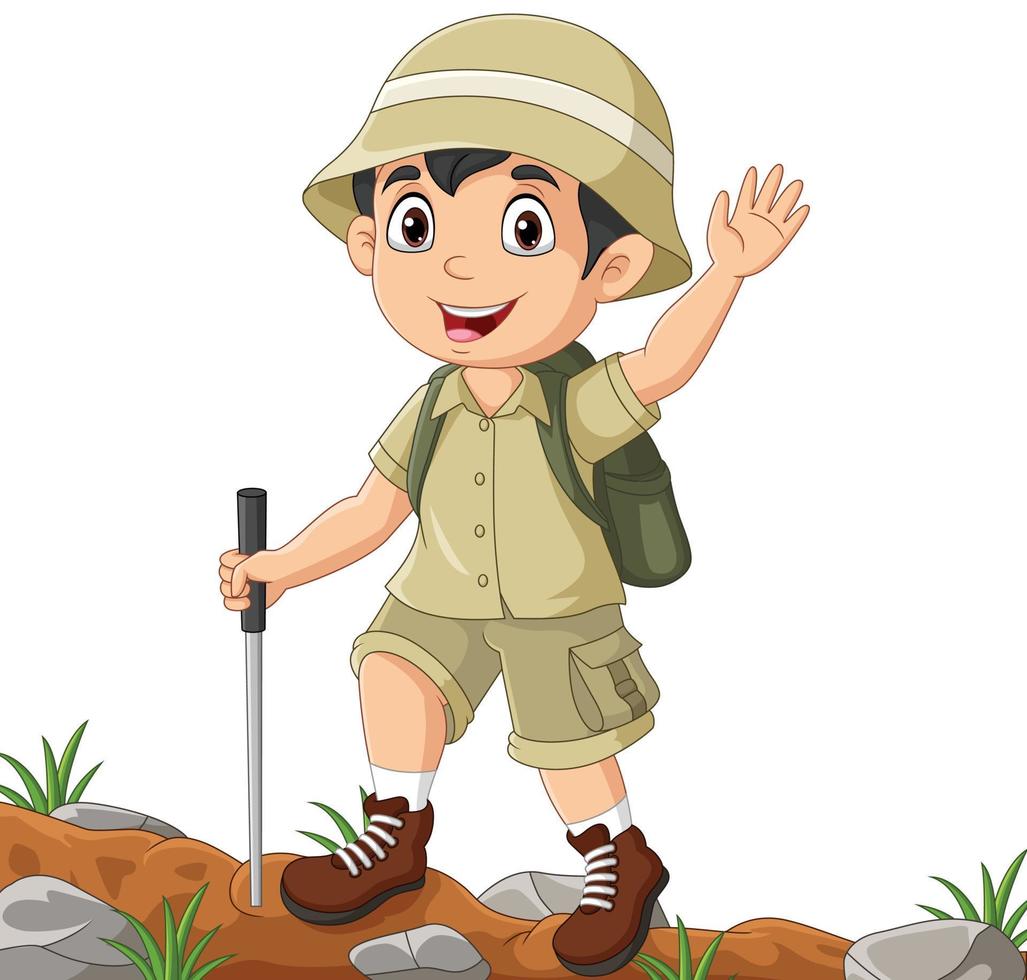 Cartoon funny boy scout waving hand vector