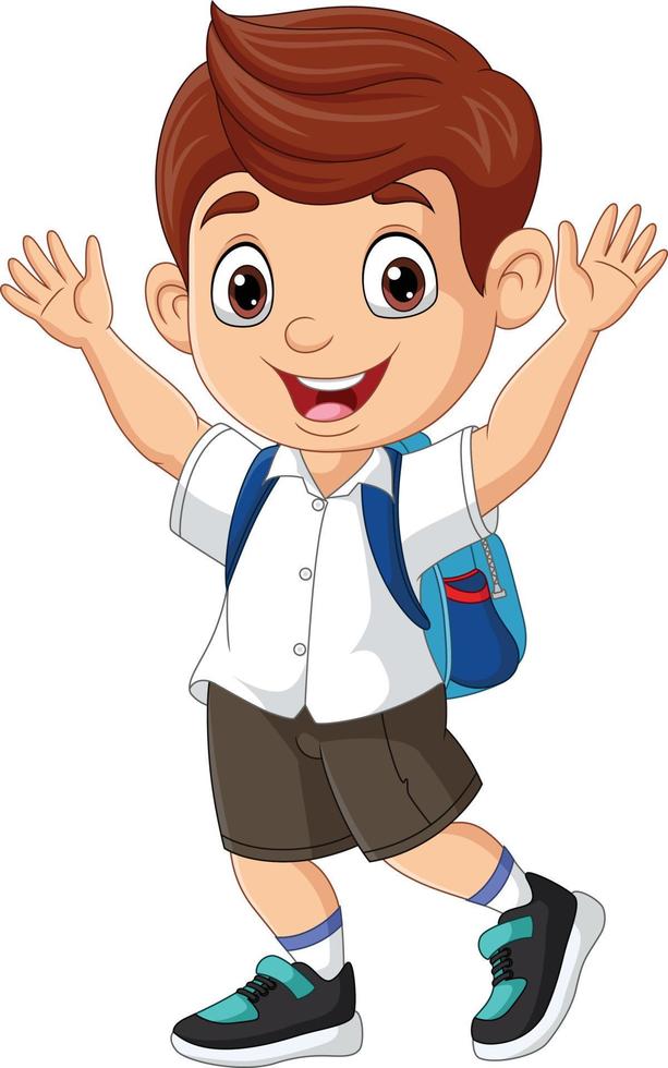 Cartoon happy school boy raising hands vector