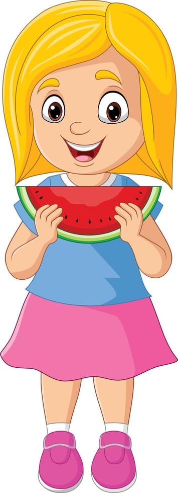 Cartoon little girl eating watermelon slice vector