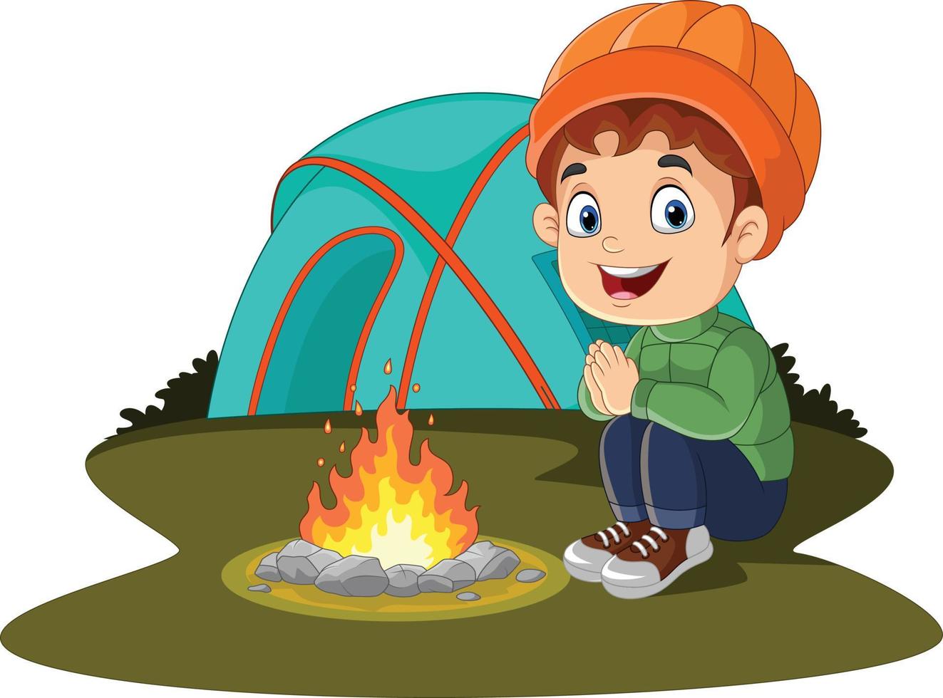 niño pequeño de dibujos animados acampando cerca de la fogata y la carpa vector