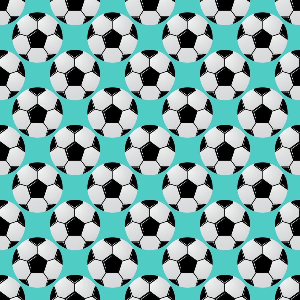 Football seamless pattern. Black and white soccer balls on mint green background. Cartoon sport vector illustration. Template for your design projects.