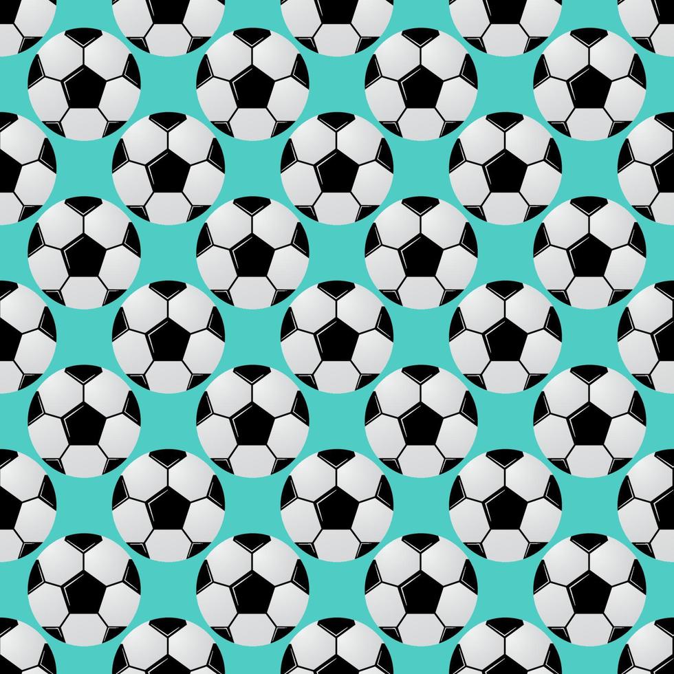 Football seamless pattern. Black and white soccer balls on mint green background. Cartoon sport vector illustration. Template for your design projects.