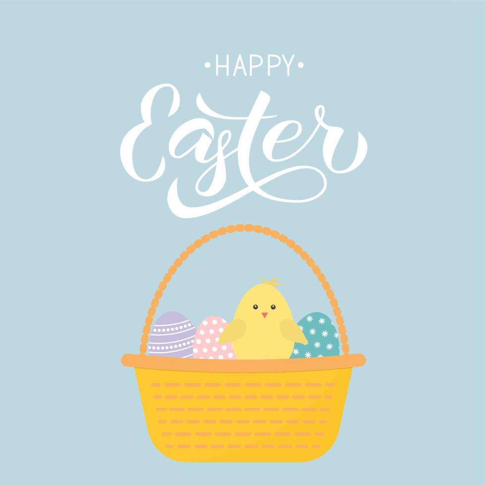 Happy Easter calligraphy hand lettering. Basket of eggs and cute cartoon chicken. Easter celebration greeting card. Easy to edit template for party invitation, poster, banner. Vector illustration.