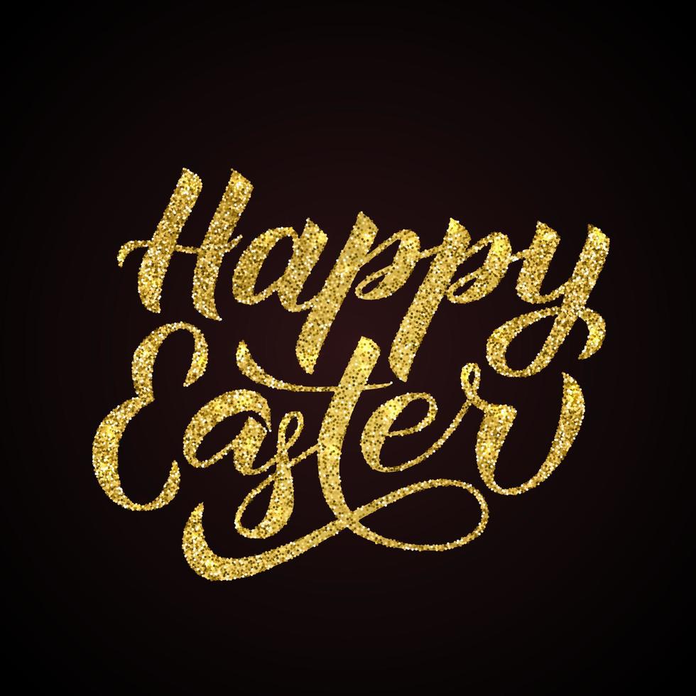 Gold glitter lettering Happy Easter on dark backgound. Easter celebration typography poster. Easy to edit template for party invitation, greeting card, banner. Spring holidays vector illustration.