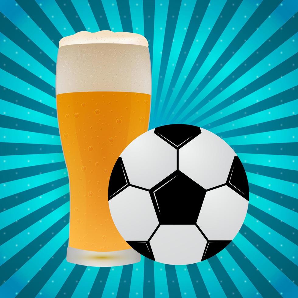 Soccer ball and glass of beer on a bright blue background with rays of light. Football fan concept. Sport bar banner. Template for your design projects. vector