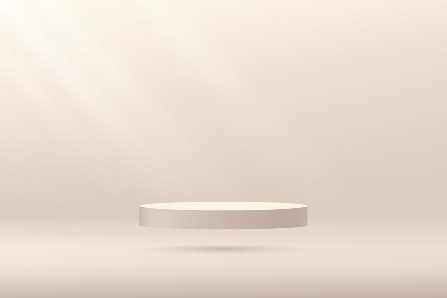 Cream color pedestal floating on air with spotlight. Bright beige color minimal wall scene. Luxury and elegant style. Abstract room concept. Vector rendering 3d shape for Product display presentation.