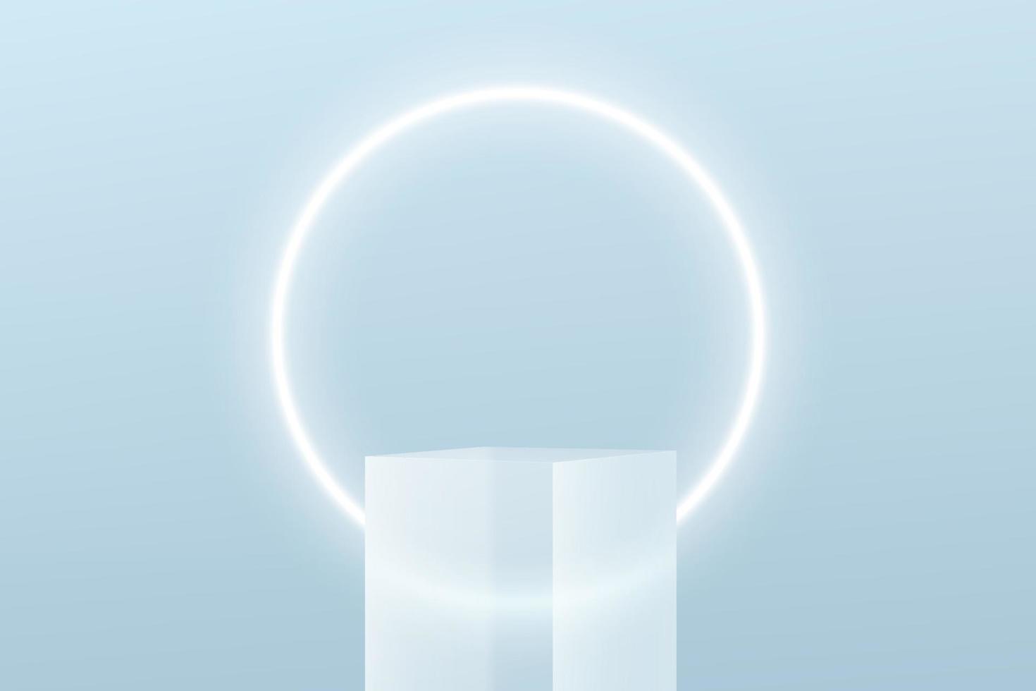 Transparent glass cube shape pedestal podium. Bright blue minimal wall scene and glowing neon ring shape. Vector rendering 3d shape for product display presentation. Pastel color abstract room.