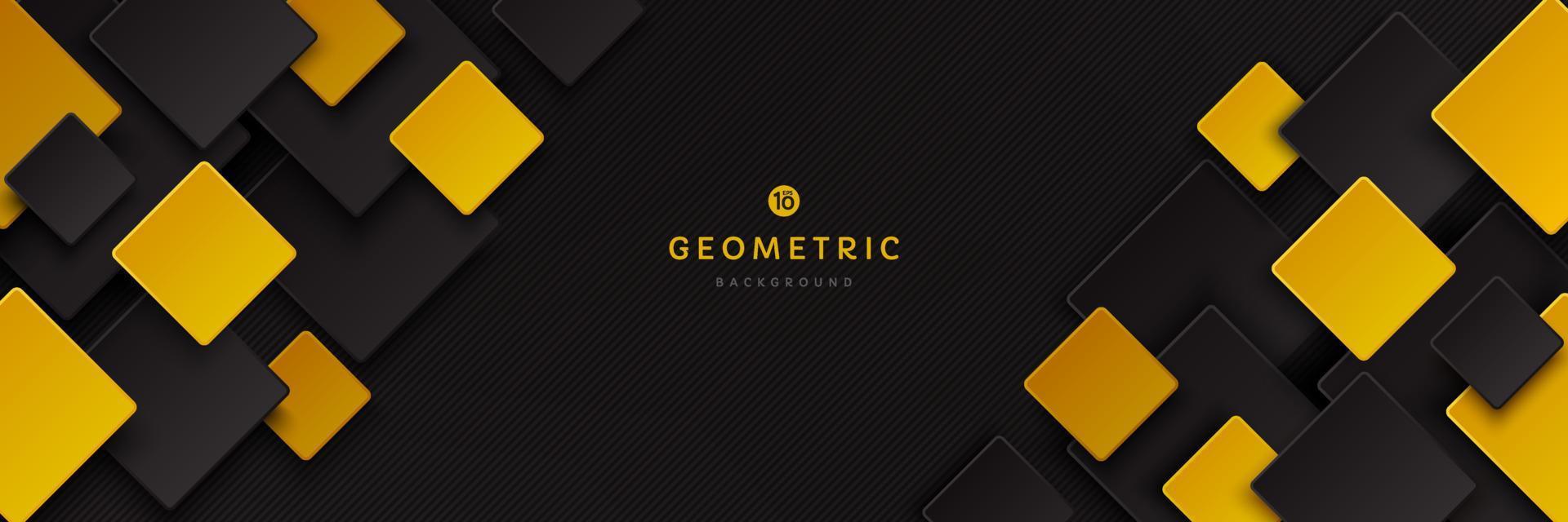 Modern black and yellow golden color square overlap pattern on dark background with shadow. Abstract trendy color geometric shape with copy space. Futuristic and technology concept. Vector EPS10.