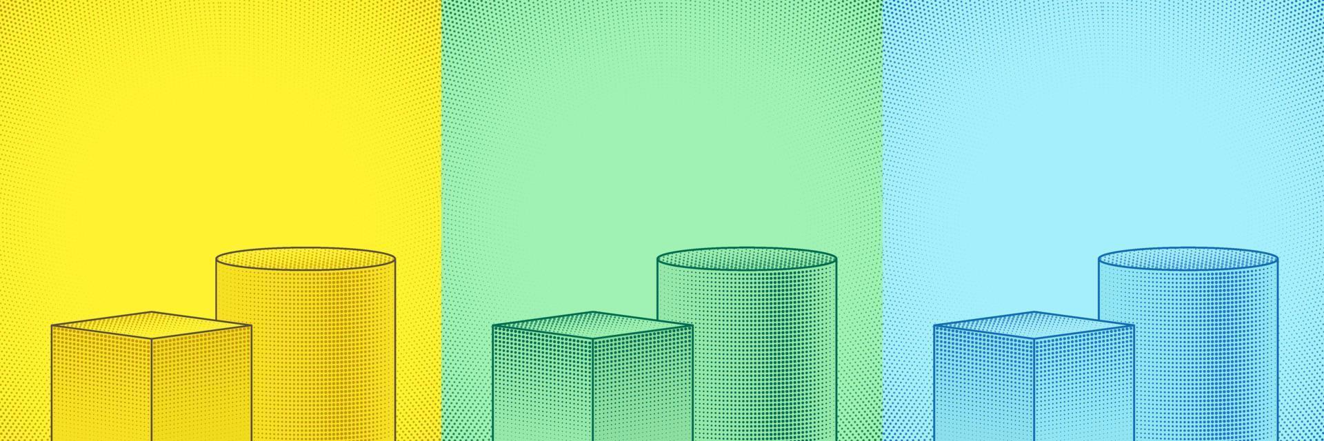 Set of cube and cylinder pedestal podium. Collection of green, yellow, blue background with halftone dot decorate. Vector 2d shape product display presentation. Simple flat design. Comic concept.