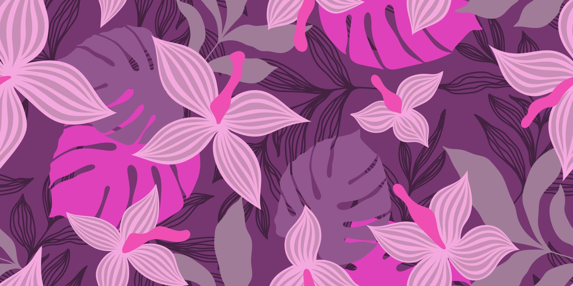 VECTOR SEAMLESS LILAC BANNER WITH PINK FLOWERS AND COLORFUL TROPICAL LEAVES