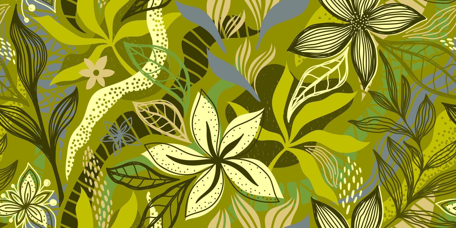 VECTOR SEAMLESS OLIVE BANNER WITH YELLOW FLOWERS AND COLORFUL TROPICAL LEAVES