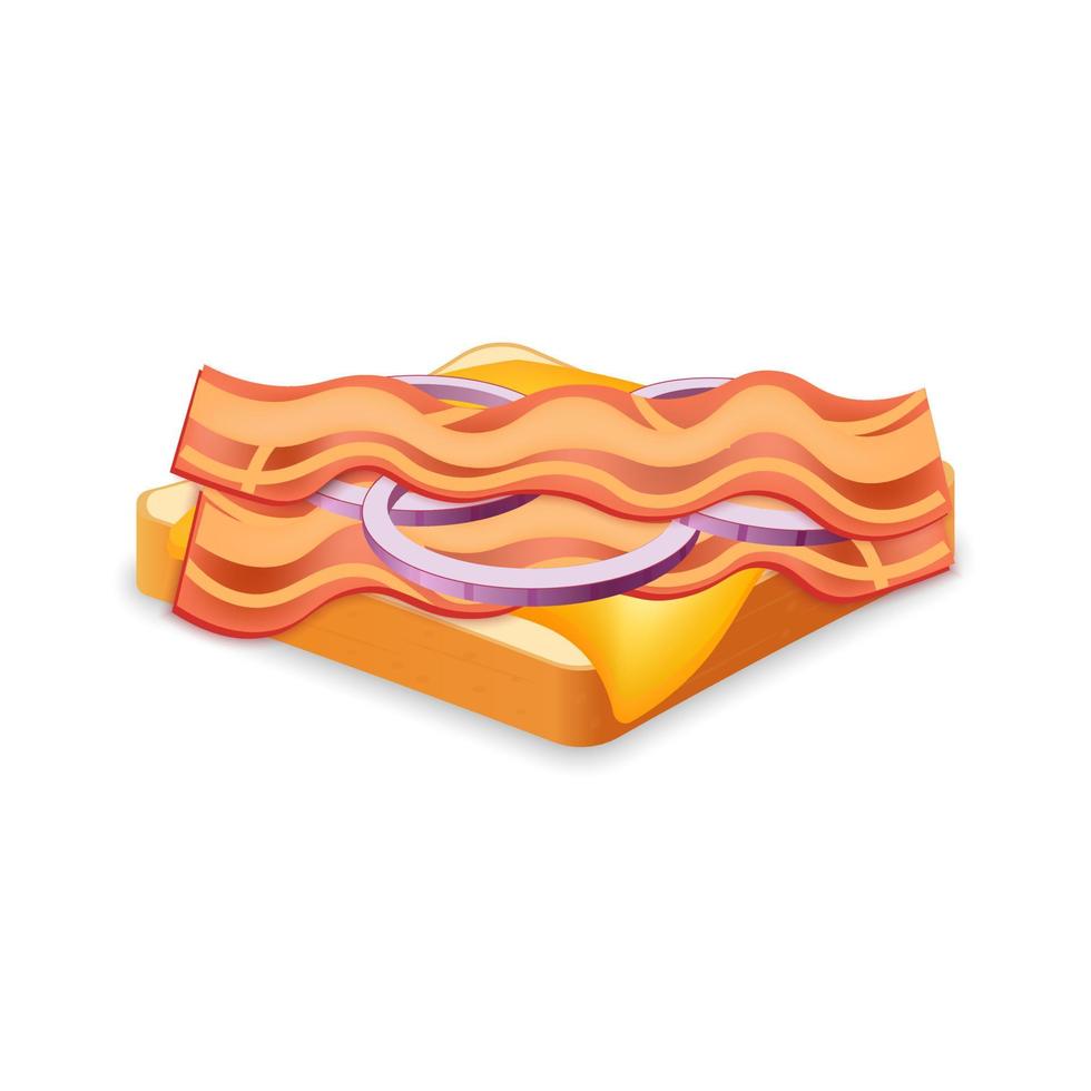 Sandwich from fresh bread with bacon cheese and onion Illustration of fast food meal vector