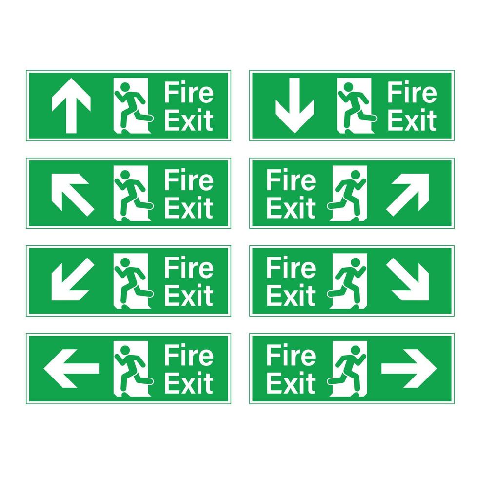 Fire exit green evacuation signs with human and door vector