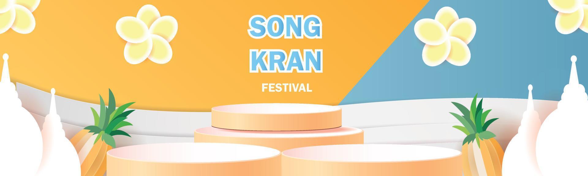 happy songkran festival in thailand podium sale poster vector flower on summer april template concept