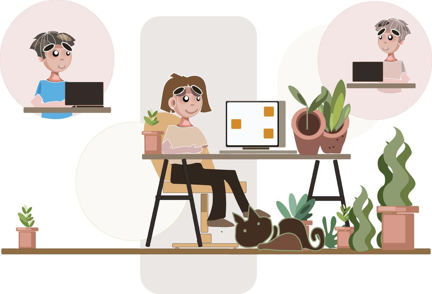 work at Home Office modern flat vector concept digital illustration home office metaphor, a freelancer guy working at home coronavirus Pandemic with mask