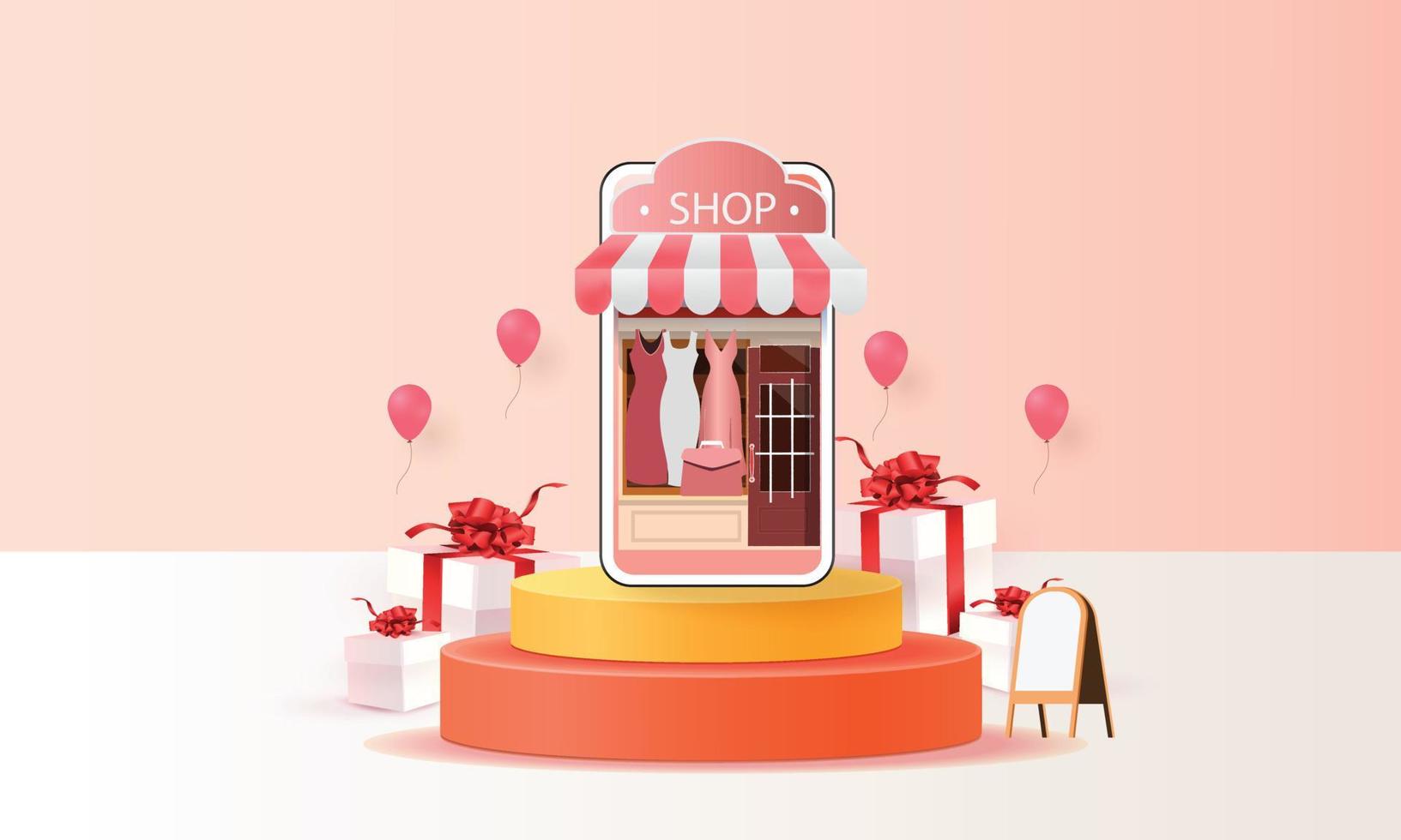 compras en línea en teléfonos inteligentes y nuevo fondo rosa de promoción de venta de compra para el concepto de mujer de comercio electrónico de mercado de banner. vector
