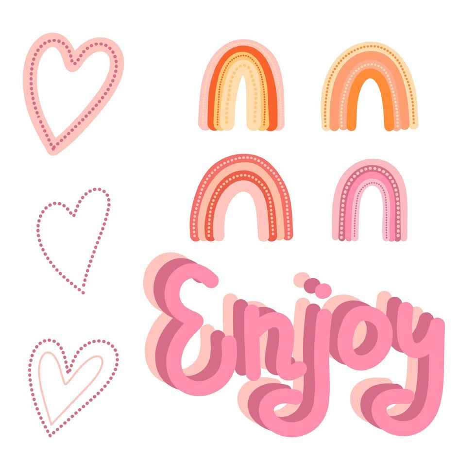 Girly rainbow, hearts and lettering phrase set. vector