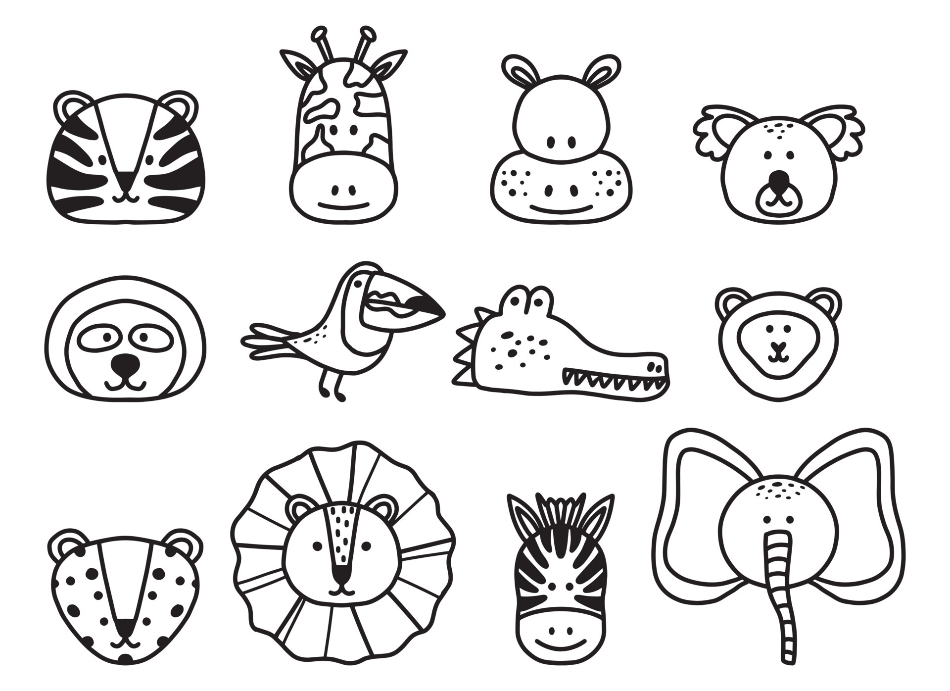 Doodle set of cute jungle animals. jungle animals. Crocodile, giraffe ...