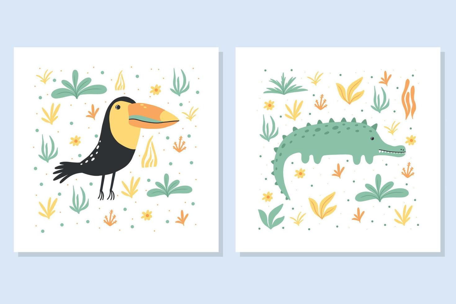 Set of children's posters with jungle animals. Toucan and crocodile posters. Drawn style. Vector illustration. Postcards for posters in the nursery and prints.