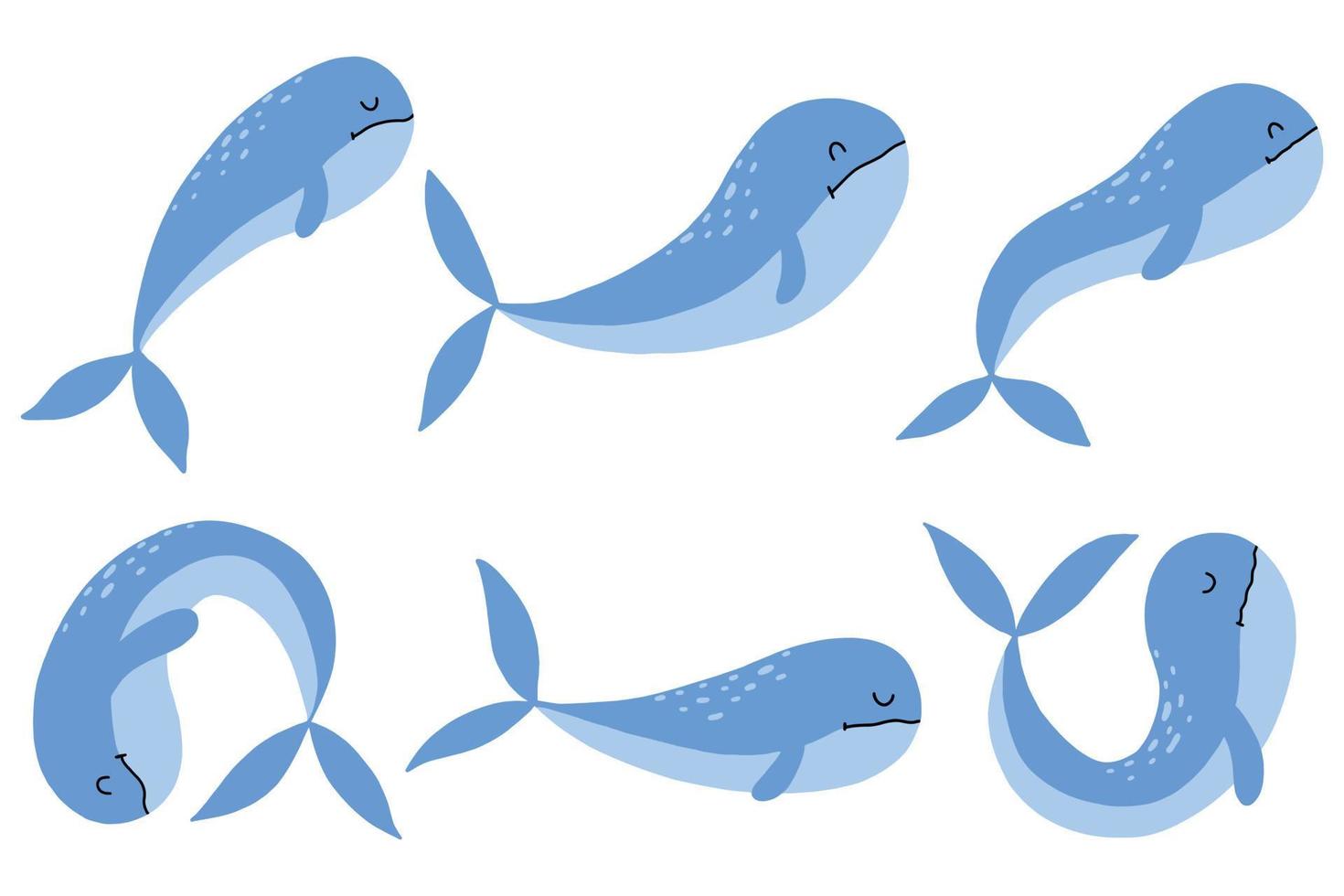 Children's set of cute whales. Drawn blue whales. Vector illustration.