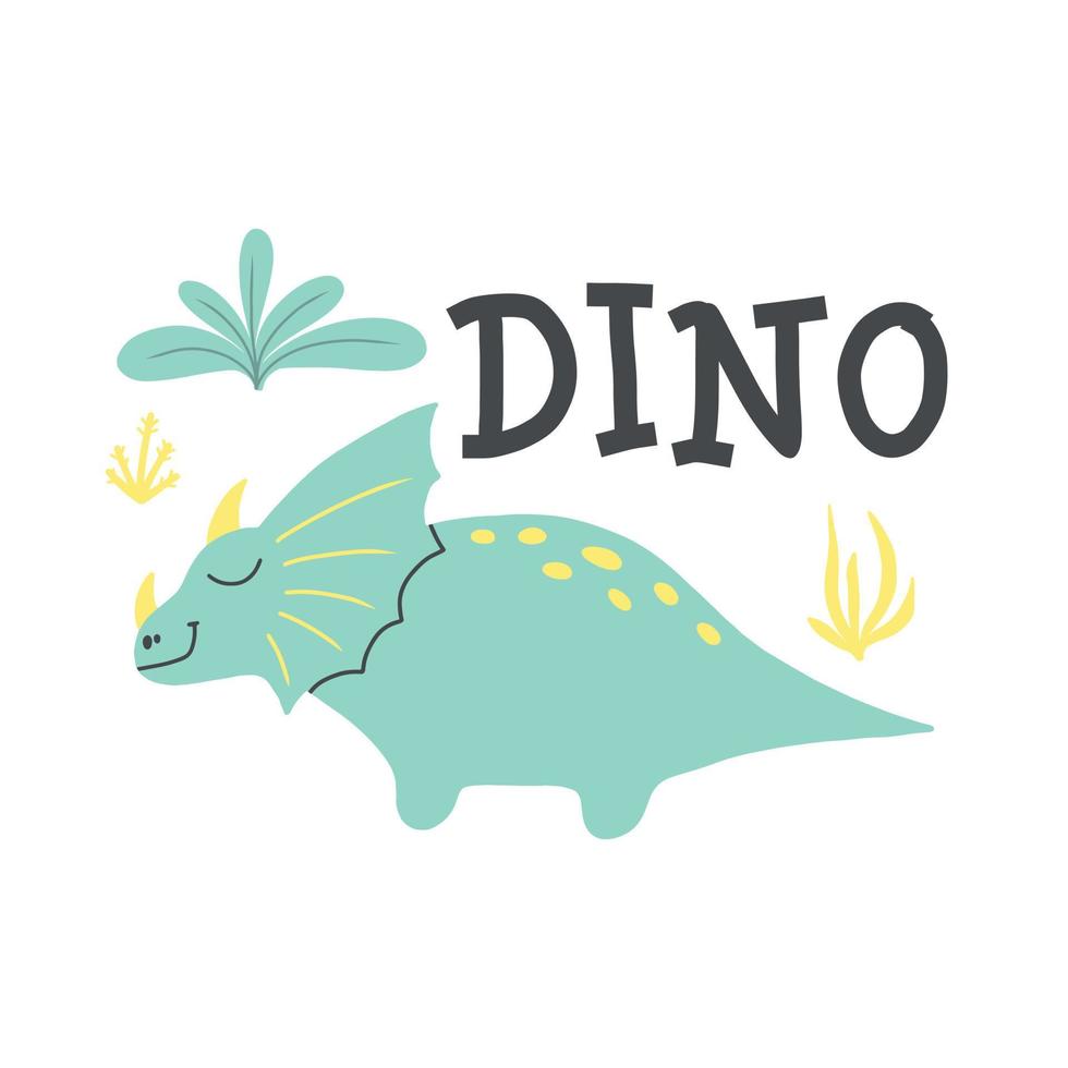 Children's poster with a cute dinosaur. Hand-drawn illustration with dino. The illustration is suitable for pints, nursery posters, postcards. Vector illustration.