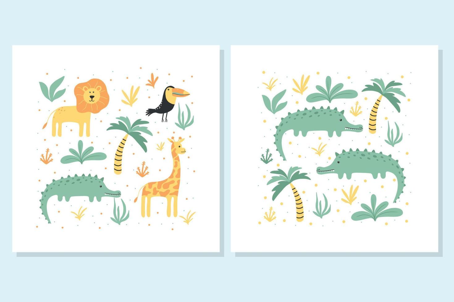 Children's poster set with jungle animals. Drawn posters for children. Posters with crocodile, lion, giraffe and toucan. Vector illustration.