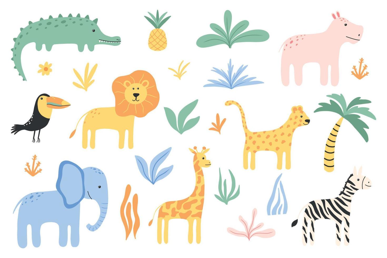 conjunto infantil dibujado a mano de animales de la selva. ambientado con león, cebra, jirafa, elefante, tucán, cocodrilo. ambientado con animales de la sabana. ilustración vectorial vector