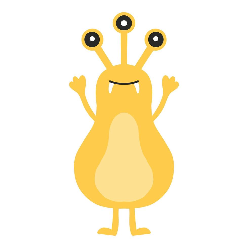 Childish cute monster. A yellow monster with three eyes. Drawn alien. Vector illustration.