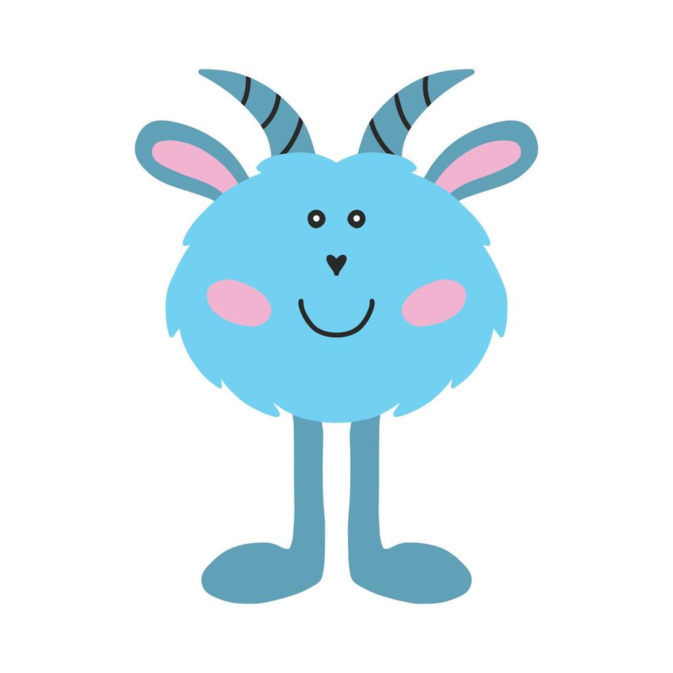 Childish cute monster. Blue monster with horns. Drawn alien. Vector illustration.