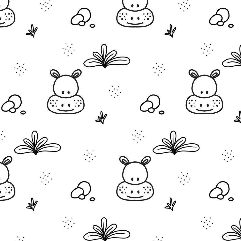 Childish pattern with cute hippo. Doodle style.Pattern with hippopotamus head and plants. Vector illustration.