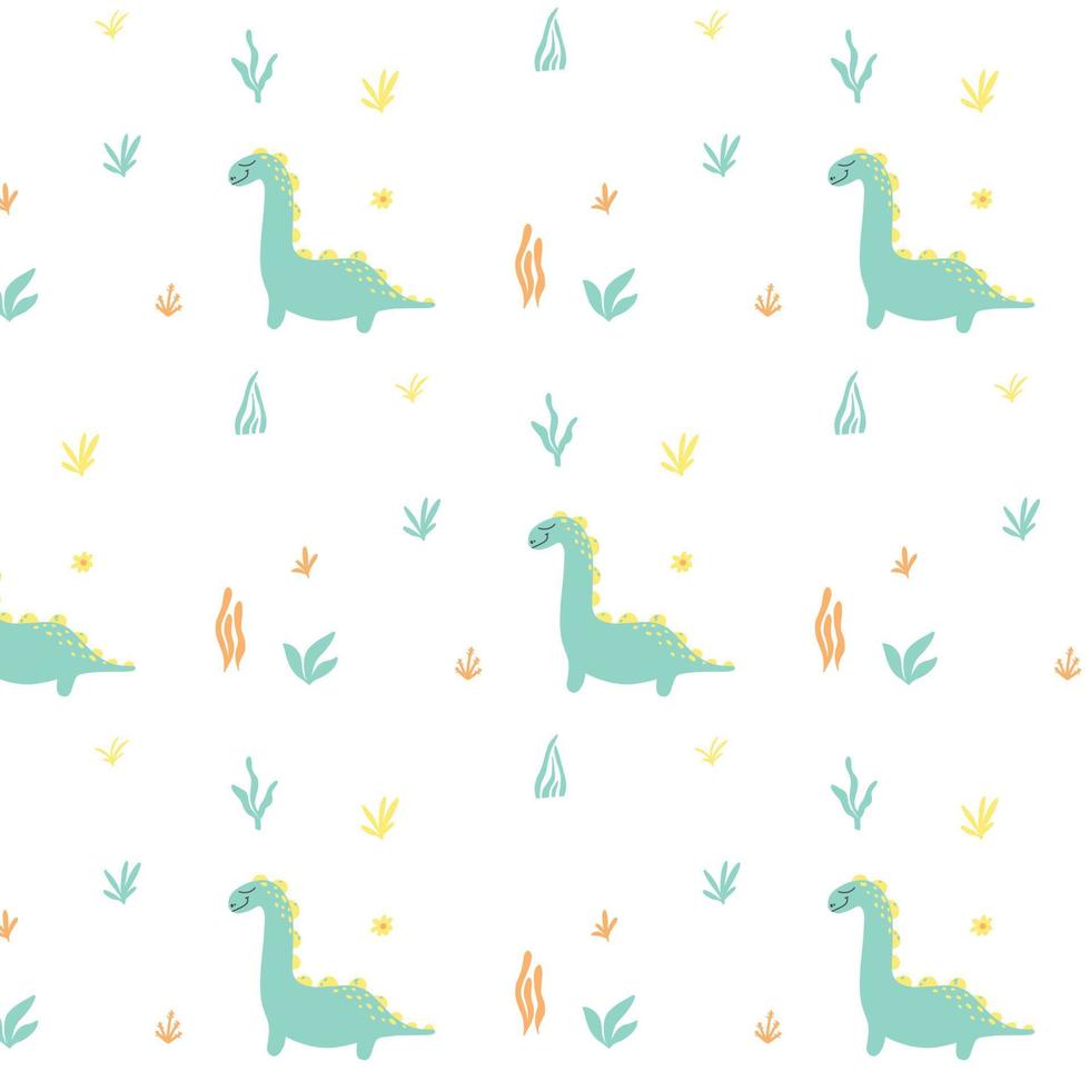 Childish pattern with dinosaurs. Hand-drawn pattern with cute dino. Vector illustration. The pattern is suitable for fabrics, wrapping paper and prints.