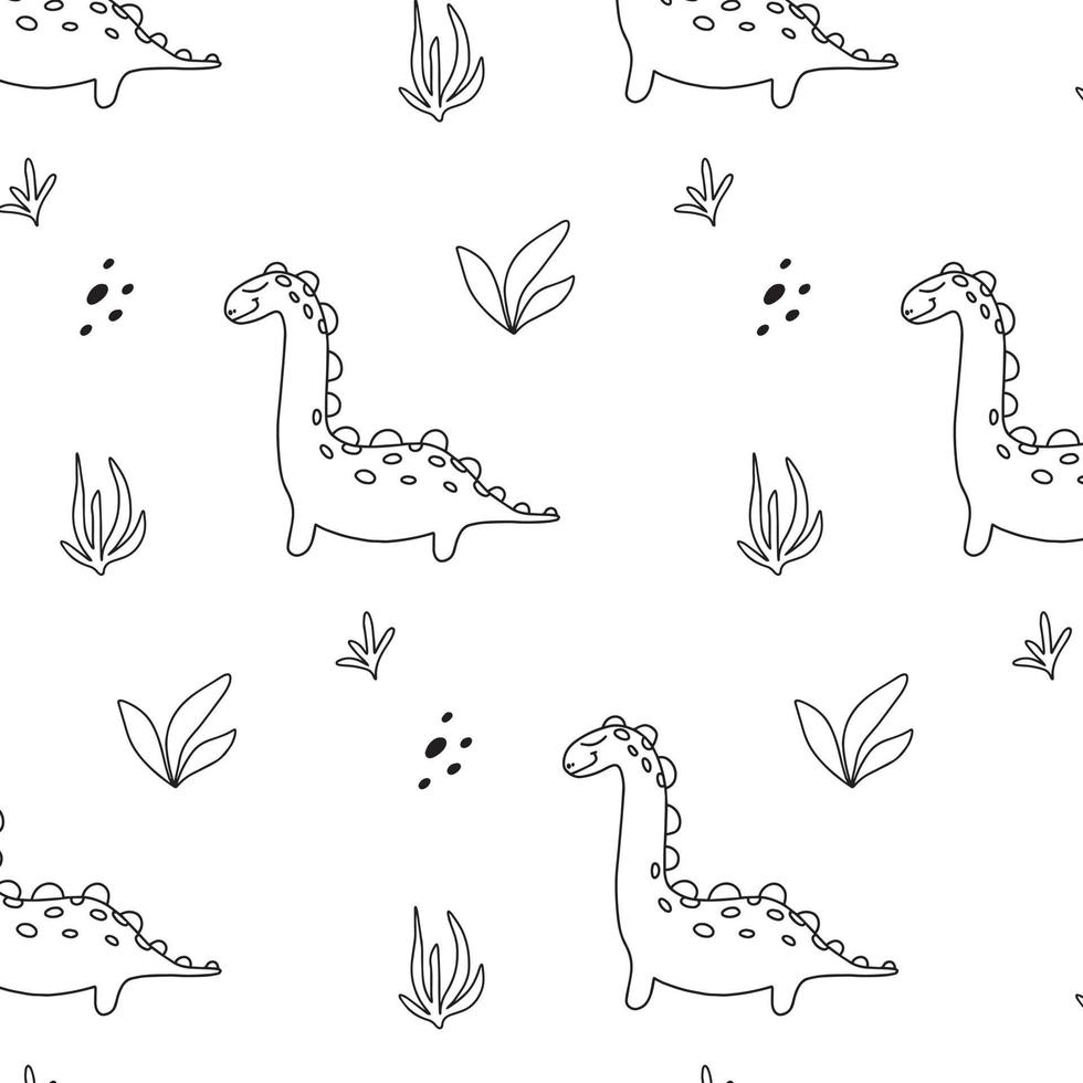 Childish pattern with dinosaurs. Hand-drawn pattern with cute dino. Vector illustration. The pattern is suitable for fabrics, wrapping paper and prints. Doodle style.