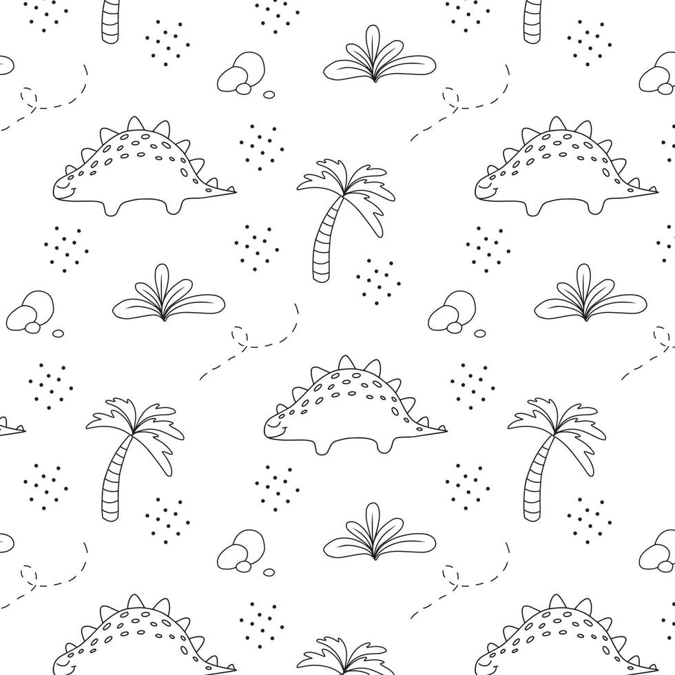 Childish pattern with dinosaurs. Hand-drawn pattern with cute dino. Vector illustration. The pattern is suitable for fabrics, wrapping paper and prints. Doodle style.