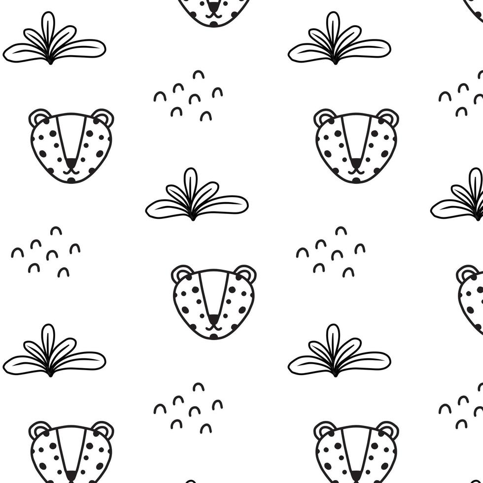 Childish seamless pattern with cute leopard head. Pattern with leopard in doodle style. Vector illustration.