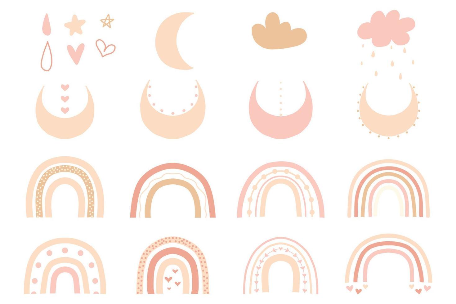 Set of elements in boho style. Rainbows, odlaka, moon, stars and more in a hand-drawn style. Vector set of children's elements.