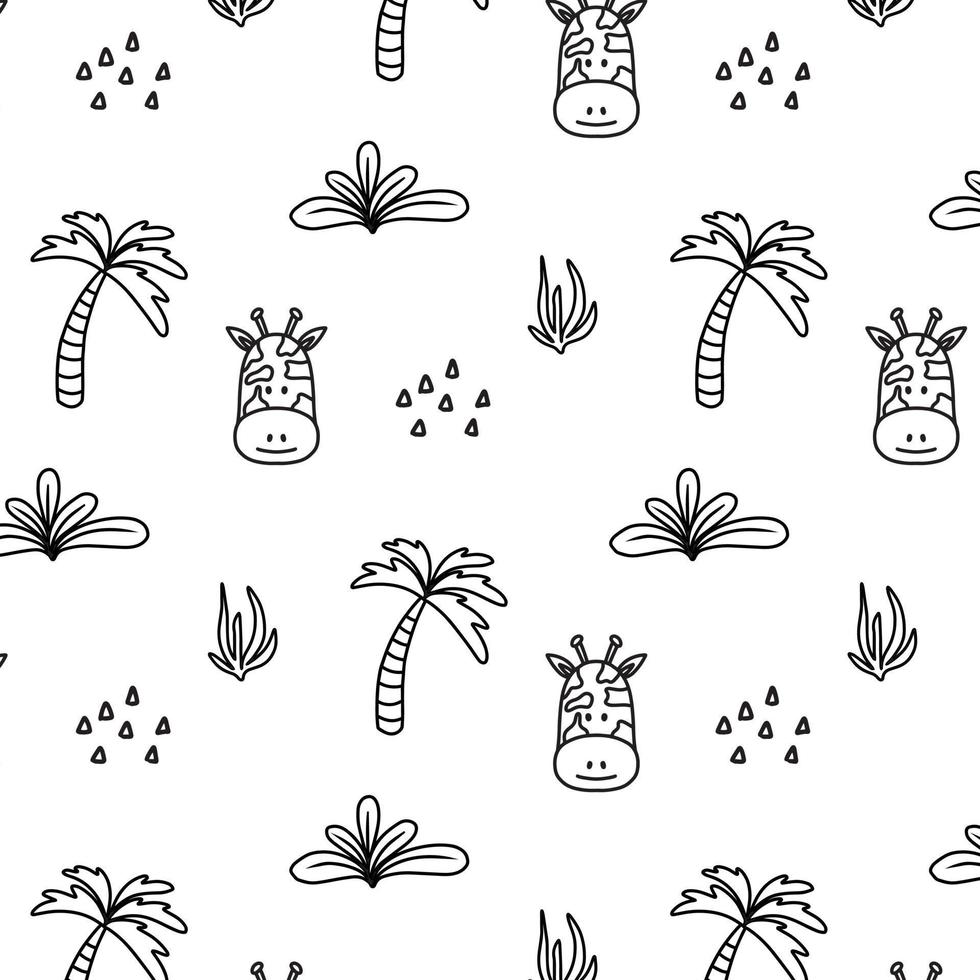 Childish pattern with cute giraffe and palm tree. Doodle style. Giraffe head pattern. Vector illustration.