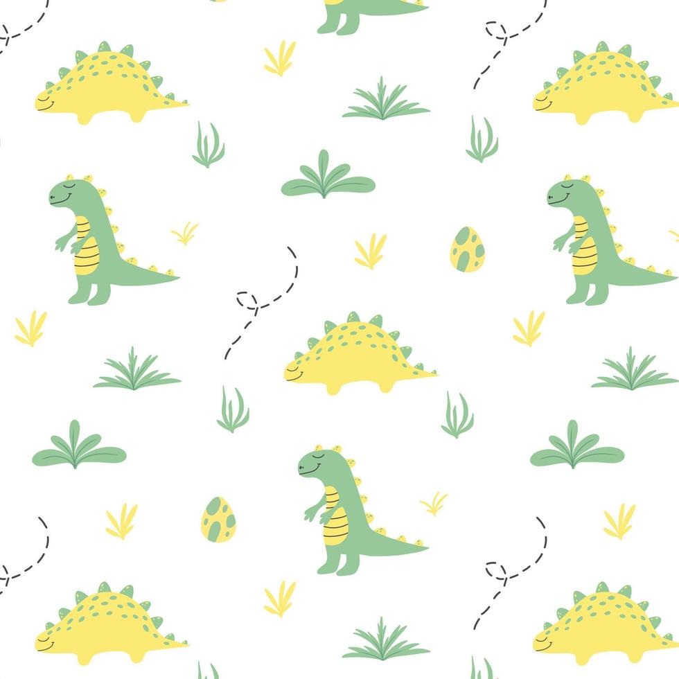 Childish  pattern with dinosaurs. Hand-drawn pattern with cute dino. Vector illustration.