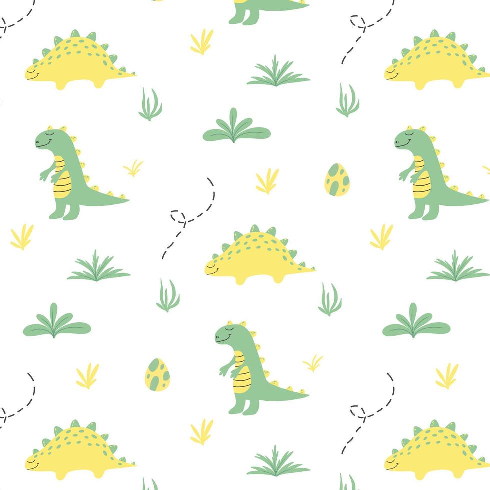 Childish  pattern with dinosaurs. Hand-drawn pattern with cute dino. Vector illustration.