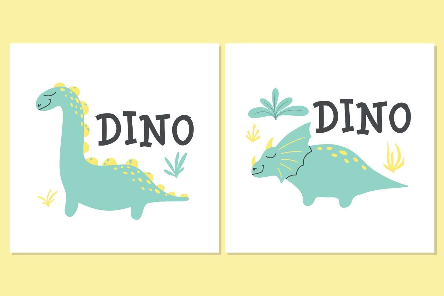Children's poster with a cute dinosaur. Hand-drawn illustration with dino. The illustration is suitable for pints, nursery posters, postcards. Vector illustration.