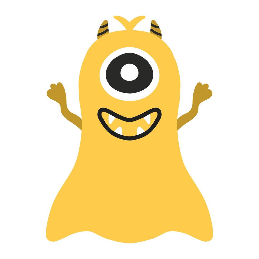 Childish cute monster. Yellow monster with one eye and horns. Drawn alien. Vector illustration.