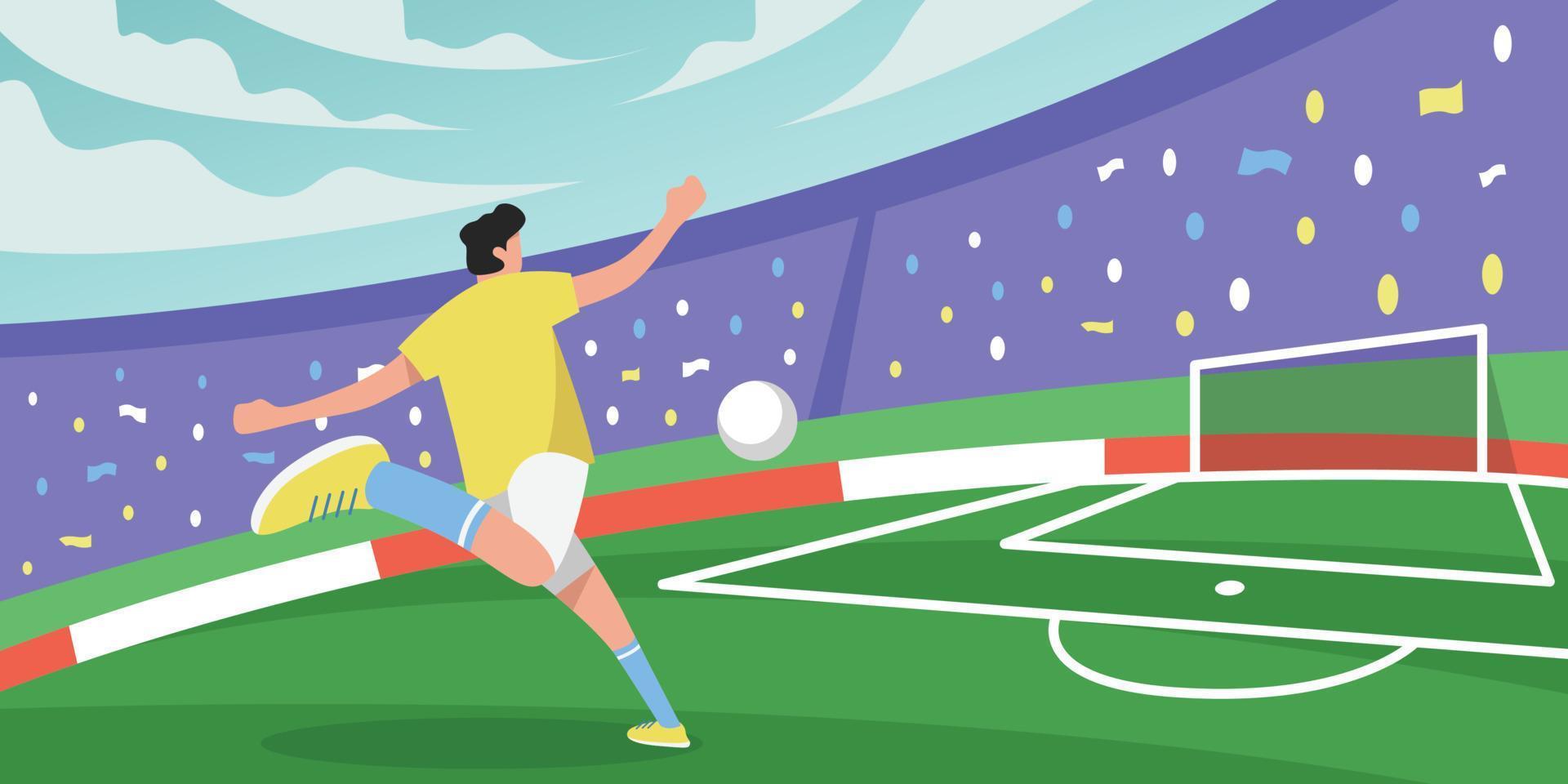 soccer player kicks the ball flat vector