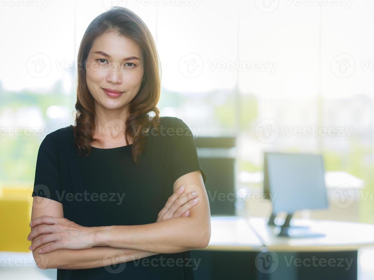 Senior Asian businesswoman standing in modern office crossed arms and looking to camera with self-confidence. Copy space in the right photo