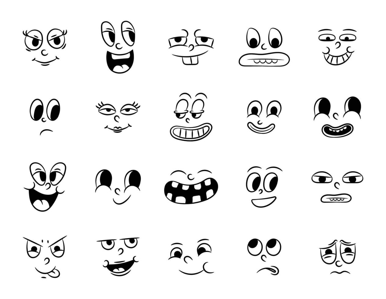 colección de viejas animaciones de dibujos animados tradicionales retro. caras antiguas de personas con diferentes emociones de los años 20 y 30. expresiones de caracteres emoji 50s 60s. la cabeza se enfrenta a elementos de diseño en estilo cómico vector
