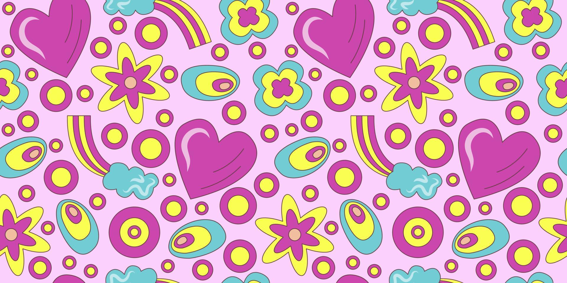 Groovy pattern in doodle style on colorful background. 70s retro floral seamless pattern with heart and rainbow. Simple vector groovy illustration