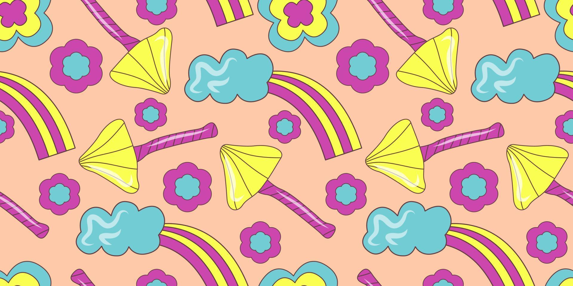 Groovy pattern in doodle style on colorful background. 70s retro floral seamless pattern with mushroom and rainbow. Simple vector groovy illustration