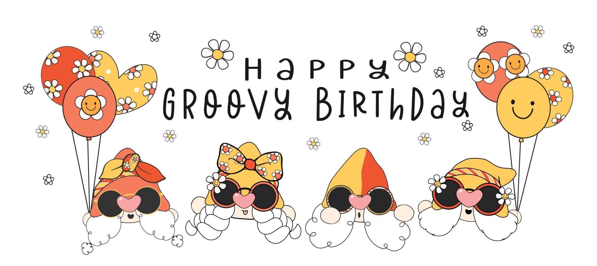 Happy groovy birthday greeting card, group of cute vintage retro gnome facelss heads with ballloons, cartoon drawing vector image illustration banner