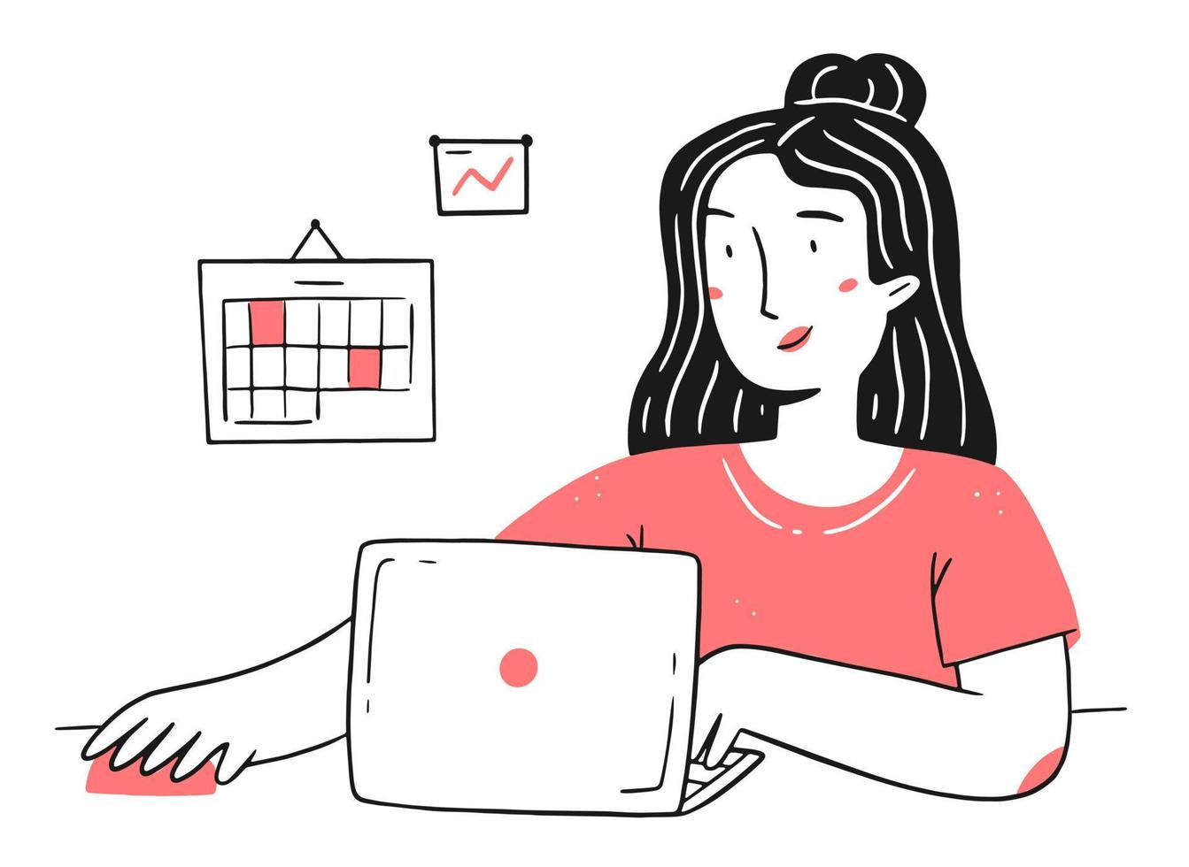A young happy freelance girl works on a laptop from home in a linear doodle style. Home office concept. Vector isolated illustration.