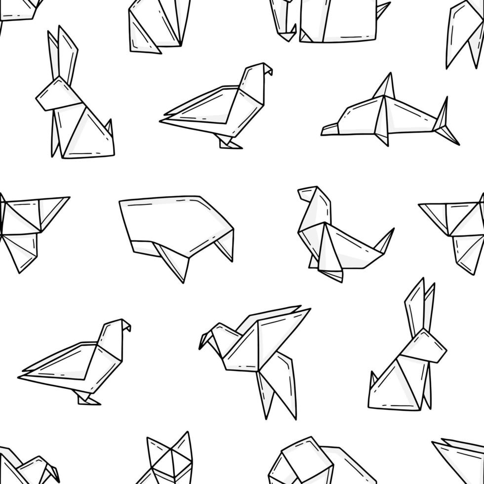 Seamless black and white pattern with cute origami animals. Vector illustration background